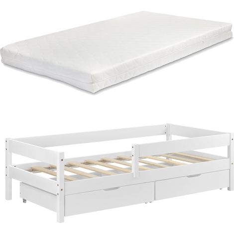 Cama infantil con barrera anticaída, somier y cajones de almacenaje, madera de pino blanco 90 x 200 cm 030005421