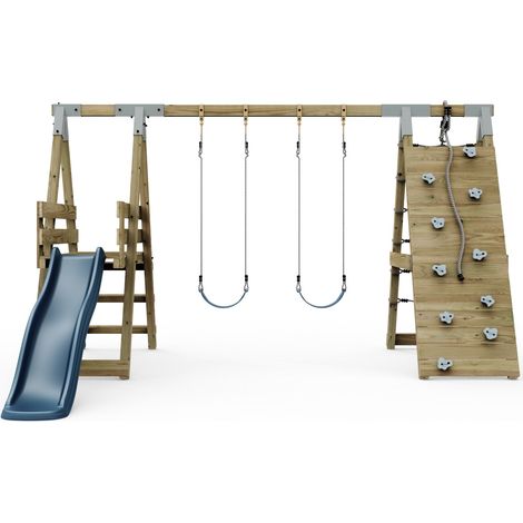 PolarPlay Premium Double Swing Set with Climbing Wall and Slide - Navy Blue (1/5)