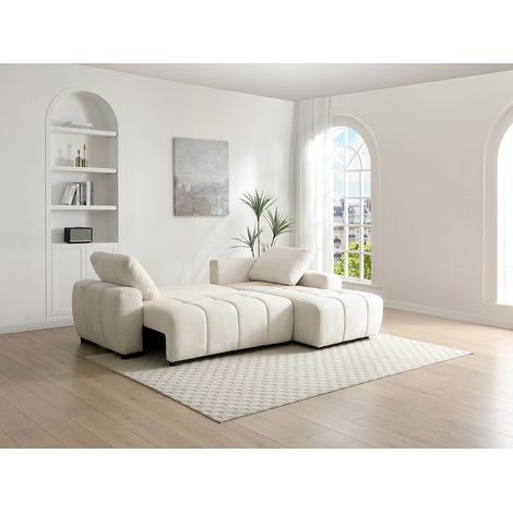 Canapé d'angle droit convertible en tissu chenille beige KOUMALO (1/4)