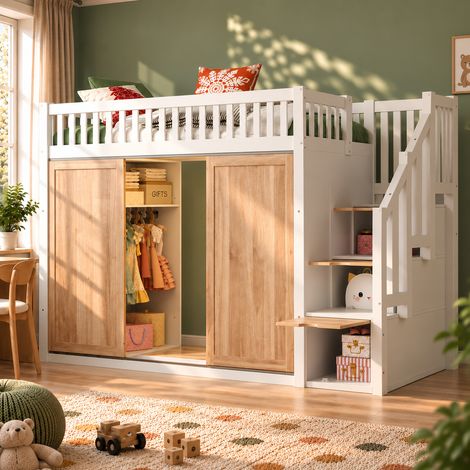 Lit Superposé Enfant-Lit Mezzanine 90x200cm Avec Armoire Et Escalier De Rangement-Lit Enfant Gain De Place Avec LED-Blanc Et Chêne (1/5)