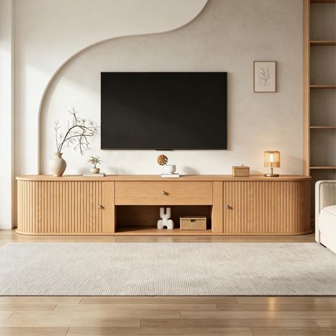 Mueble TV 180x40x40 cm con puertas correderas, cajón y nicho abierto, para TV de hasta 75 pulgadas, estructura de MDF - natural (1/5)