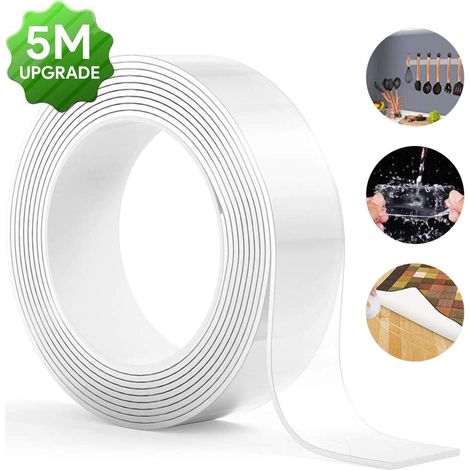 Nastro biadesivo ultraresistente e lavabile, senza lasciare residui. Trasparente, 5 m - (1/5)