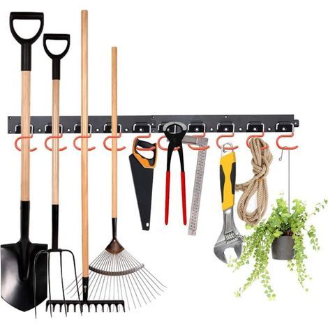 Support mural pour outils de jardin, MOHOO 64 pouces Organisateur d'outils de jardin à suspendre Système de stockage réglable Garages avec 4 rails 16 crochets Porte-outils de jardin Ra (1/4)