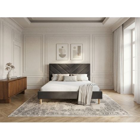BOBOCHIC - Lit ROMANE avec lattes massives tissu velours 140x190 Gris foncé (1/5)