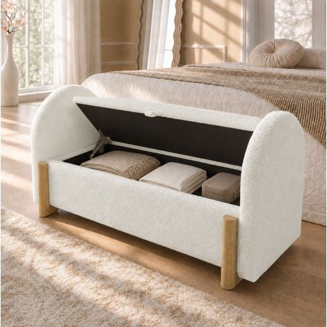 Banc coffre 106x47x61 cm en chenille bouclé blanc, rangement pour chambre, gain de place – MEUBLIV (1/5)