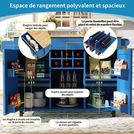 Îlot de cuisine moderne ( dimensions : 102 × 45 × 92 cm ). Meuble de cuisine, meuble de rangement. Table à manger multifonctionnelle, avec espace de stockage intégré. Couleur bleue. (1/5)