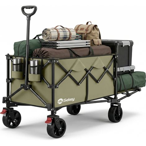 Sekey Faltbarer Bollerwagen mit erweiterbarer Heckklappe – 175L/250L, 120kg Tragkraft, Olivgrün