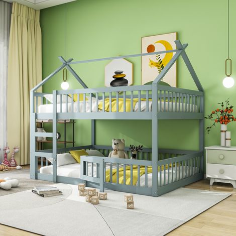 Letto rialzato bambini 140x200 cm con traversine, sponda di sicurezza e spazio libero sottostante, senza materasso, grigio (1/5)