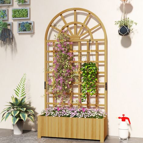Macetero con celosía, jardinera, con orificios de drenaje, fabricado en madera maciza, 90 x 30 x 180 cm, efecto madera natural.