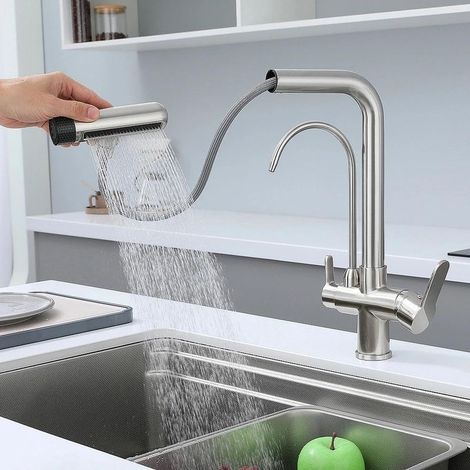Robinet mitigeur de cuisine 3 voies brossé avec douchette extractible et sortie d'eau filtrée (1/4)