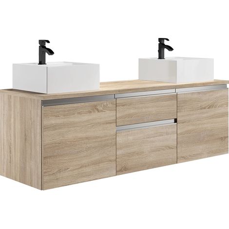 Mobile per bagno sospeso con doppio lavabo 150 cm Naturale chiaro - JIMENA II