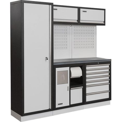 Modulares Werkstattmobel mit Edelstahlplatte Schranke und Schubladen Fervi a008i