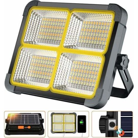 Pair ZVD- Projecteur LED Rechargeable 336 LEDs/ 100W/ Panneau Solaire/ 4 Modes d'éclairage/ Batterie Externe 12000mAh/ Absorption d'aimant, Idéal pour Camping, Travail, Pêche, Couleur Noire [Classe én (1/4)