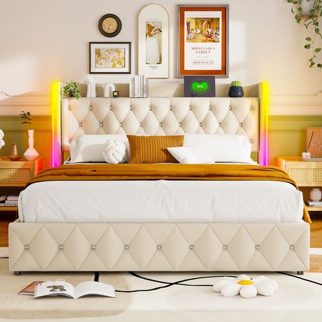 Lit capitonné 160 x 200 cm, LED et USB, lit à air comprimé, avec rangement et tête de lit, lattes de bois, flanelle, beige (livraison locale, garantie 2 ans) (1/5)