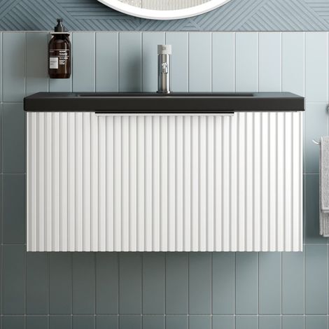 Fluted 800mm Bathroom Vanity Unit Basin Wall Hung Cupboard Soft Close Matt White (1/5)