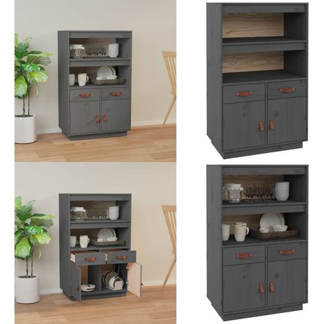 Buffet haut Gris 67x40x108,5 cm Bois massif de pin - Buffet - Meuble De Rangement - Armoire - Commode - Bois Massif - Home & Living