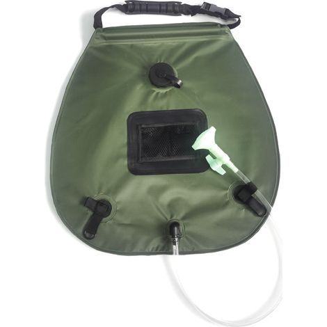 Sac de douche solaire 20L Vert Armée, Chauffage 5 Gallons Avec Tuyau Et Sac Maille, Autonomie Nomade Loisir Extérieur (1/4)