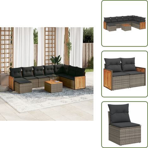 The Living Store 9-tlg. Garten-Sofagarnitur mit Kissen Grau Poly Rattan - Gartenmöbel Set - Rattan Möbel - Outdoor Lounge - Esstisch - Sofasatz