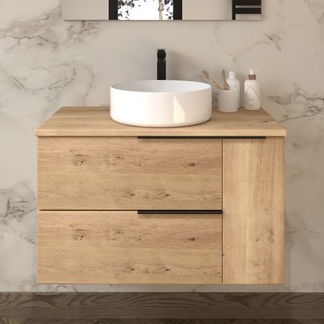 Meuble de salle de bain 90cm avec vasque à poser ronde - 2 tiroirs et un placard - sans miroir - roble (chêne clair) - KING