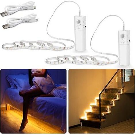 Bandes LED avec capteur de mouvement - 2 x 2 m - Alimentation par piles - Lumière chaude 3000 K - Pour placard escalier lit - Plastique - 2 pièces