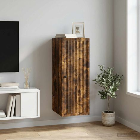 Armoire murale en bois d’ingénierie chêne fumé, 2 étagères, 1 porte, 33 x 34,5 x 90 cm - PANGIVO (1/5)