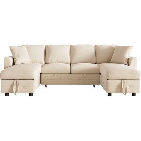 Canapé d'angle en U en tissu chenille avec fonction lit et rangement, beige 260×128×82 cm (1/5)
