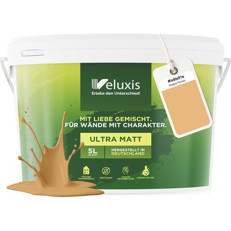Wandfarbe Gold Gelb Orange Matt Innenfarbe – Deckkraft Klasse 1, VOC-frei, Ohne Grundierung, Tropfarm – Wohnzimmer & Schlafzimmer – 5L – Veluxis (Happy Honey)