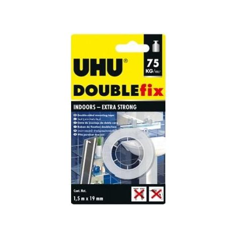 UHU Doublefix interior extra fuerte - Cinta adhesiva de doble cara, ultra fuerte, blanca, rollo 1,5mx19mm