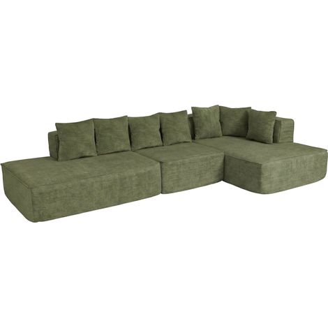 Set salotto HHG-738, divano L, sofà lounge, tessuto ciniglia (270 g/m²), penisola a sinistra 60x310x150cm, verde (1/5)