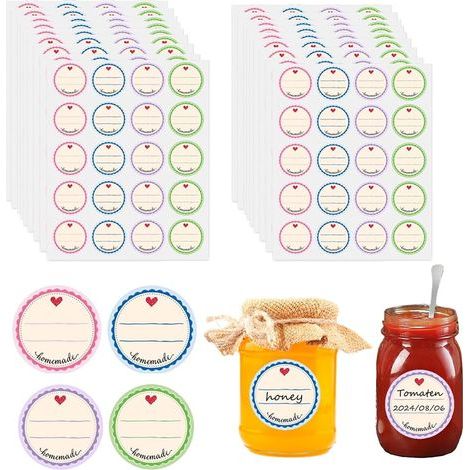 400 Pièces Etiquettes Autocollantes Bocaux, 4 couleus, Ø 38 mm, Homemade, ondes, Amovibles, Confitue Autocollants Pou La Maison, Cuisine, Bocaux Mason, D'épices, Cadeau, Annivesaie (1/5)