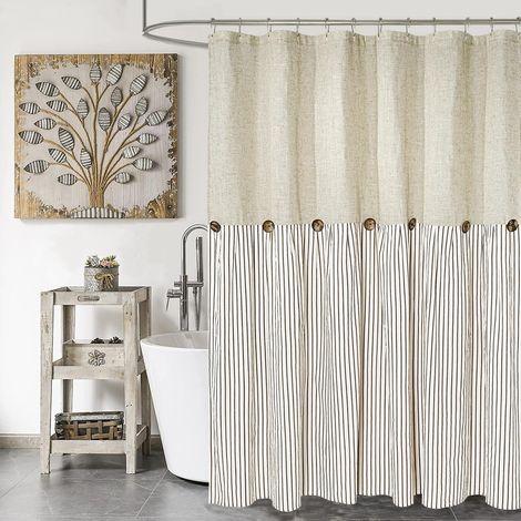 Rideau de Douche Rustique à Rayures Beige et Marron, Rideau à Boutons, Tissu tissé en Lin et Coton, Style Rustique Chic, 183 x 183 cm (1/5)