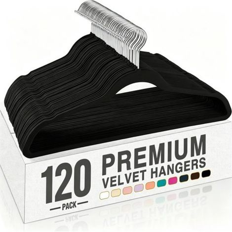 120 cintres en velours antidérapants, conçus pour pivoter à 360 degrés et gagner de la place, utilisés comme organisateurs de garde-robe et cintres antidérapants, Noir. (1/5)