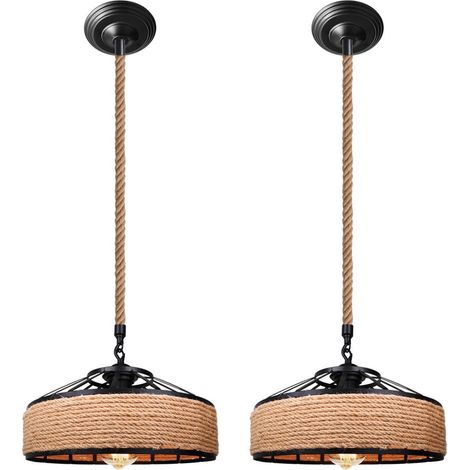 Wottes – Lot de 2 suspensions industrielles vintage réglables Ø30cm – Corde de chanvre – Métal durable – Ampoule E27 – Pour salon, chambre, restaurant
