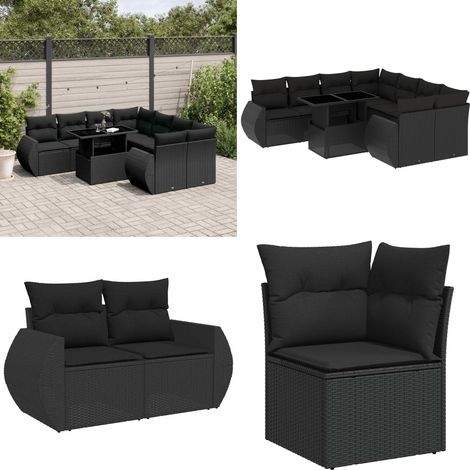 Salon de jardin 9 pcs avec coussins noir résine tressée - Ensemble Salon De Jardin - Meuble Extérieur - Salon De Jardin Pliable - Table Extensible - Chaise Lounge - Home & Living (1/5)