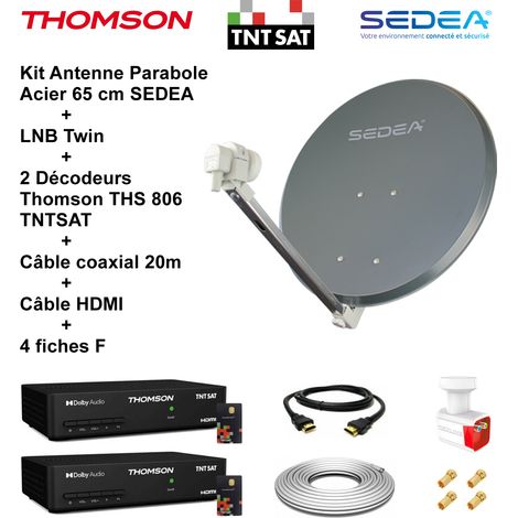 Kit Parabole Acier 65 cm Anthracite + LNB Twin Full HD 4K + 2 Décodeurs THS 806 TNTSAT + Câble coax 20m + Câble HDMI + 4 fiches F (1/5)