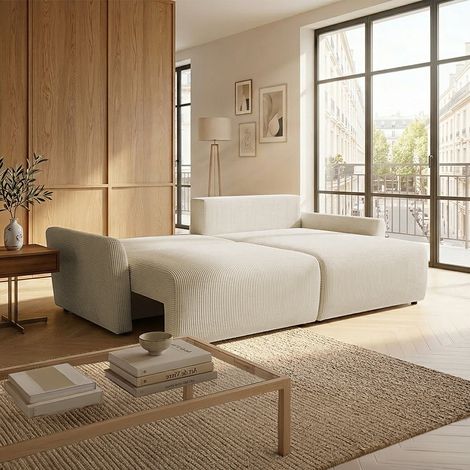 LANA Canapé d'angle convertible et réversible avec coffre en tissu beige (1/5)