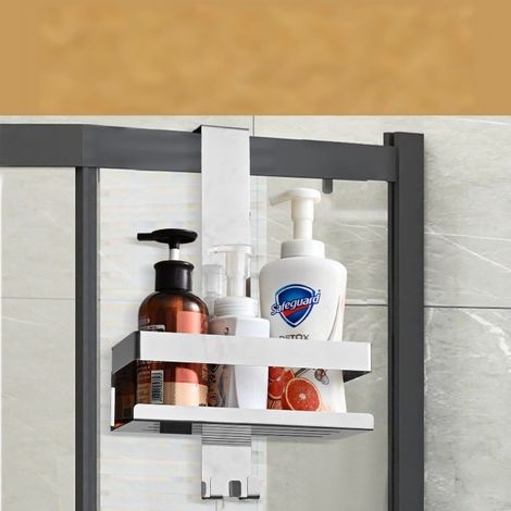 Porte-Douche Suspendu à Ventouses Inox - Support avec Crochets pour Canette de Shampoing, Étagère Monocouche pour Douche (1/5)