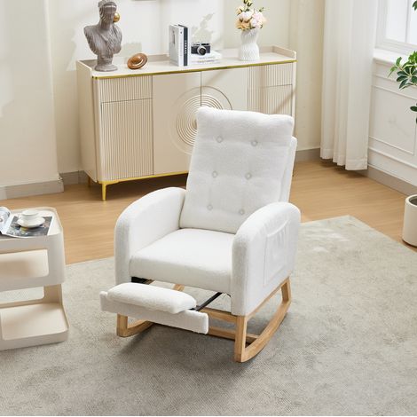 Poltrona a dondolo 66,5 x 121,5 x 102 cm bianca, USB e poggiapiedi, struttura in legno MEUBLIV (1/5)