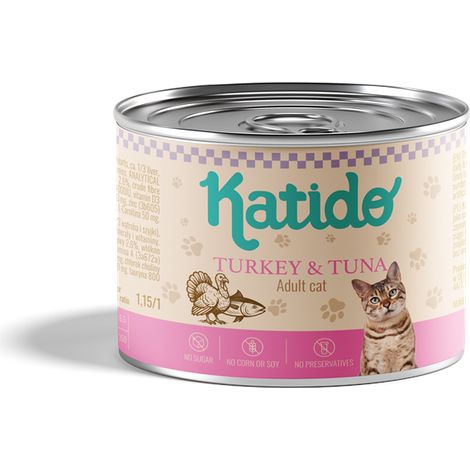 Cibo umido in scatola Katido Premium per gatti adulti, gusto tacchino e tonno, 200 g (1/4)