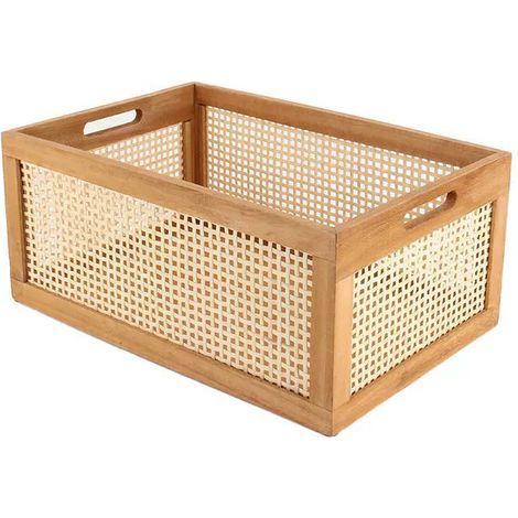 Panier de rangement vintage en osier et bois massif, dimensions 30×20×12 cm, couleur bois naturel, rangement des livres pour le salon et organisation des tiroirs en bois massif du bureau (1/5)