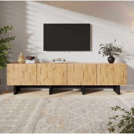 Meuble TV 180 cm pour écran jusqu’à 75 pouces, 4 portes, MDF et panneaux, bois naturel (1/5)