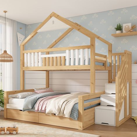Lit Superposé Maison 90x200 + 140x200 cm, Toit, Escalier avec Rangement, 2 Tiroirs, Barrière de Sécurité - Bois - Blanc/Chêne (Sans Matelas) (1/5)