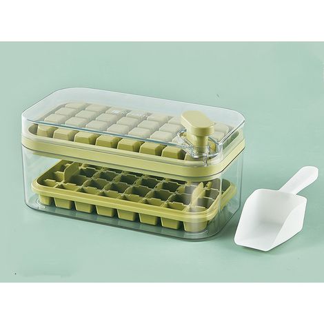 Bandeja para cubitos de hielo con tapa y compartimento de almacenamiento, apta para frigoríficos, reutilizable (verde, 1 unidad). (1/5)