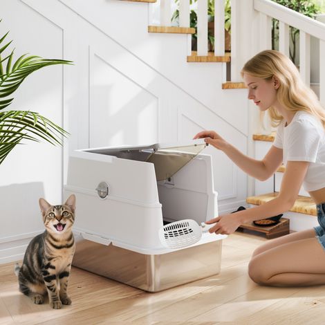 Large Stainless Steel Cat Litter Box with Deodorizer and Scoop - Scratch-Resistant Design for Easy Maintenance and Effective Odor Control