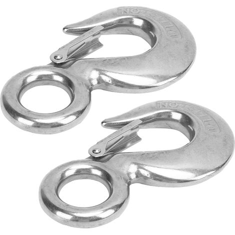 Satz aus 2 verschiebbaren Ösenhaken mit Sicherheitsverriegelung, je 1,5 Tonnen Tragfähigkeit, aus Edelstahl, zum Heben von Schiffslasten. (1/5)