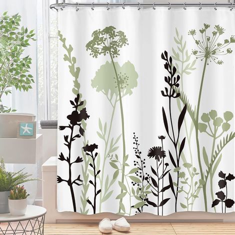 Rideau de douche avec motif floral en vert sauge, 152 x 183 cm, silhouette, plante rustique bohème, abstrait, noir, botanique, vintage, avec 12 crochets en plastique, tissu, imperméable (1/5)