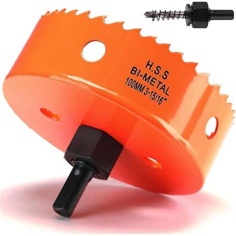 100 mm orangefarbene HSS-Bimetall-Lochsäge M42 mit Sechskantschaft und Bohrer mit 32 mm Schnitttiefe