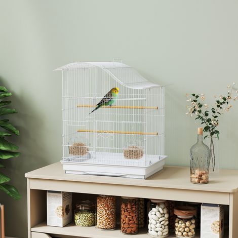 Blanche - Caisse à oiseaux à 4 entrées avec 2 bols, 2 perchoirs et plateau extraitable, volière métallique et plastique, 47,5x36x54,5 cm