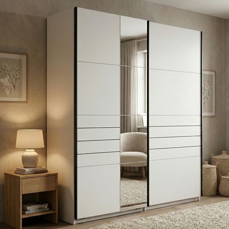 Guardaroba Grande Vialone, Armadio Camera da Letto Appendiabiti, 2 Ripiani, Apertura Scorrevole, 145.5x217.5h cm Bianco Opaco (1/5)