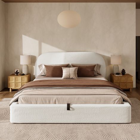 Lit 180x200 cm bouclé beige, sommier inclus, tête rembourrée et espace de rangement spacieux (1/5)